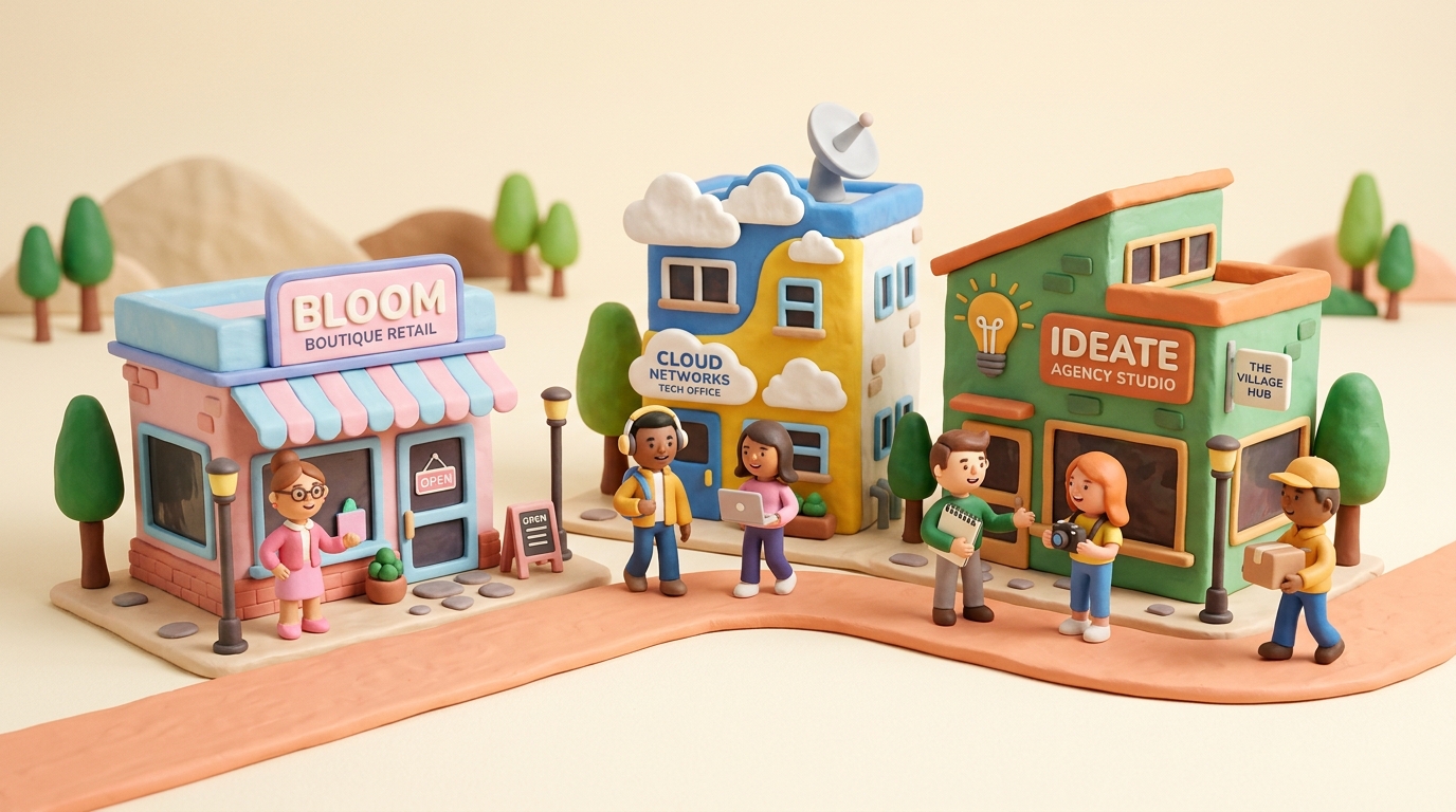Playful 3D world representing different business growth paths